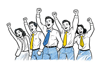 A group of people are smiling and celebrating together. They are wearing ties and are all standing close to each other