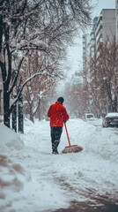 Snowy City Street, Man Clearing Snow