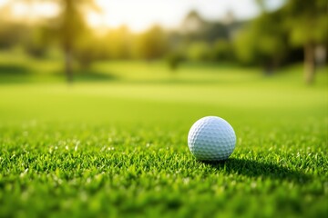 Naklejka premium White golf ball on vibrant green grass with a blurred natural background. Sunlight creates a warm atmosphere. Concept of sports, leisure, and competition. Ai generative
