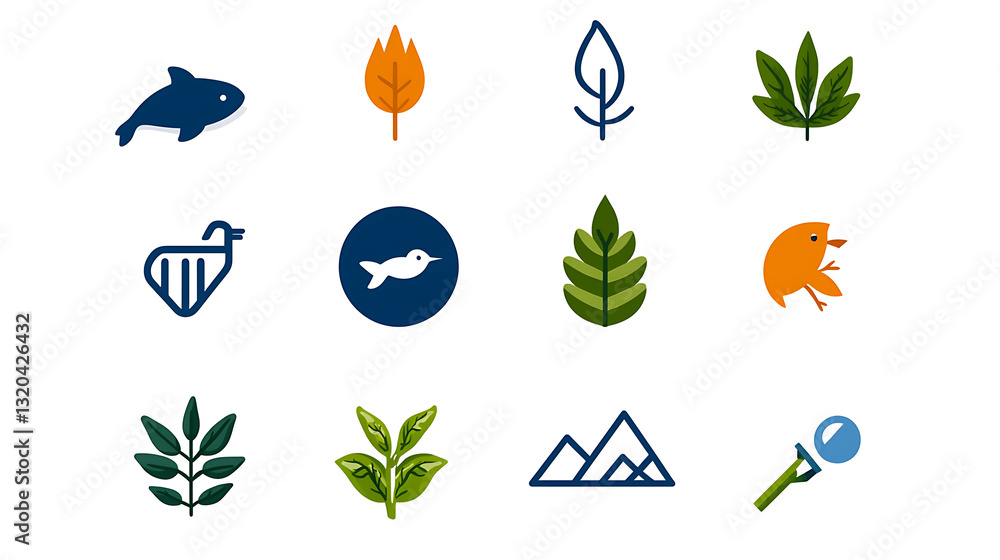 Poster minimalist line icons depicting nature and environment elements graphics green palette digital art c