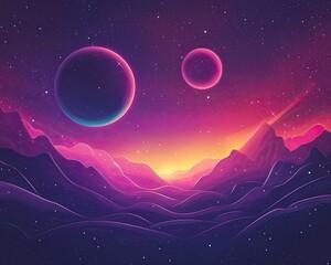 Stunning cosmic landscape featuring vibrant colors, mountains, and planets against a starry sky.
