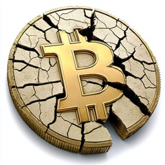 Cracked Gold Bitcoin Coin on Dry Cracked Surface