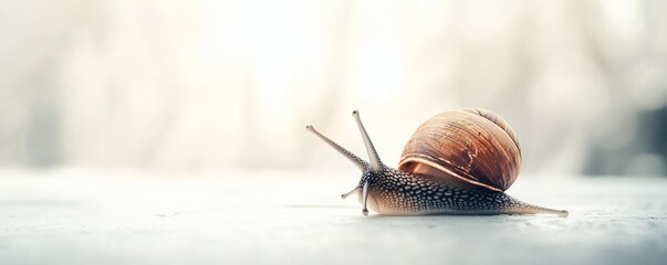 A single snail with a spiraled shell is moving on the surface