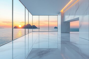 Minimalist modern interior with floor-to-ceiling windows overlooking the serene sea at sunset. Bright, spacious, and empty room perfect for product display.