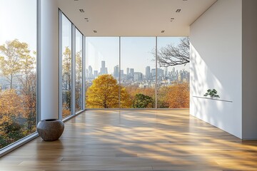 Minimalist interior design with a white wall, light wood flooring, and large glass windows showcasing a cityscape. Elegant and clean aesthetic for modern living spaces.