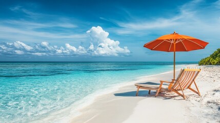 Obraz premium Bright orange umbrella provides shade on a calm beach with turquoise water and white sand, inviting relaxation under a clear blue sky