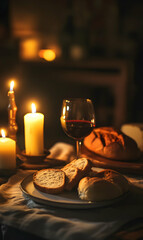 Atmospheric still life featuring warm candlelight, bread and red wine in a dimly lit setting