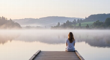 Fototapeta premium A woman sits on the edge of a misty lake, enjoying the calm and comfortable atmosphere of the morning.