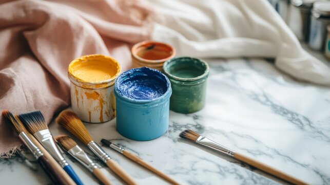 Colorful paint jars and brushes arranged on a marble surface in a creative workspace for artistic projects