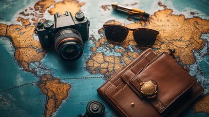 Travel essentials including a camera, sunglasses, and wallet arranged on a vintage world map