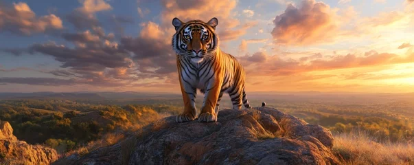 A majestic tiger standing atop a rock gazing into the distance © kirania
