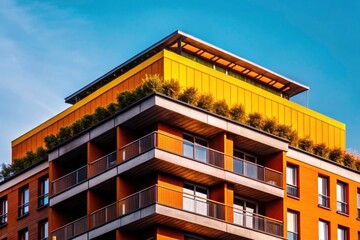 Obraz premium Modern Green Roof Residential Building, Blue Sky, Cityscape, Architectural Photography