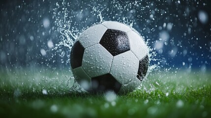 Naklejka premium Soccer ball mid-kick with splashing water droplets, capturing dynamic energy and motion. 