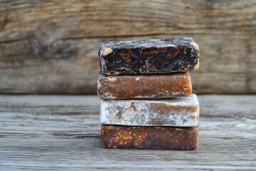 Natural Handcrafted Soap Bars Stacked on Wooden Surface Background