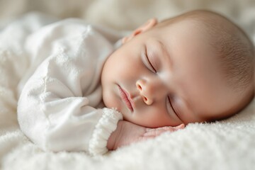 Adorable baby sleeping peacefully on a soft, cozy background, dressed in a white outfit. Warm tones and gentle lighting create a calming atmosphere. Ai generative