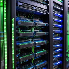 A Mesmerizing Network Of Glowing Servers Humming With Digital Energy In A Modern Data Center, Showcasing Intricate Cabling And Vibrant Blue And Green Lights