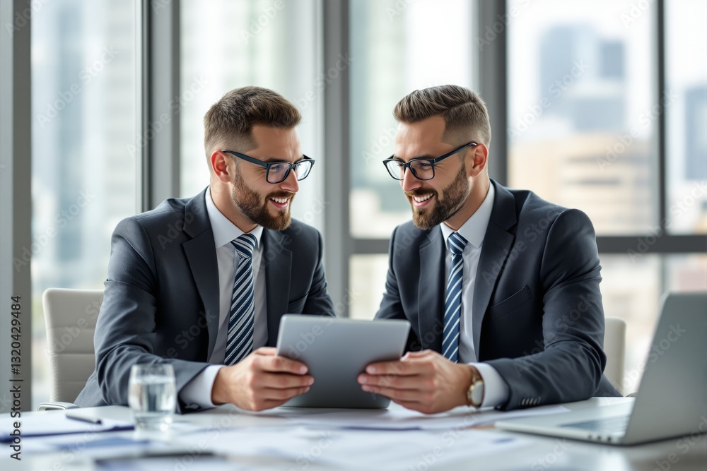 Poster two businessmen in suits discussing work on a tablet in a modern office with a cityscape background.