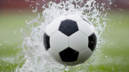 Fototapeta premium Soccer ball mid-kick with splashing water droplets, capturing dynamic energy and motion. 