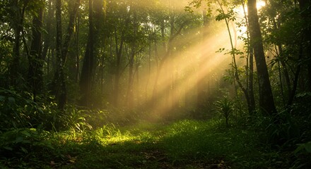 Obraz premium A sunbeam-drenched path winds through a vibrant tropical forest.