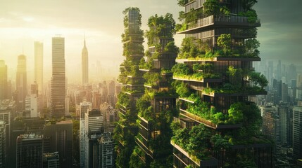 Obraz premium Sustainable urban living, vertical greenery, futuristic architecture
