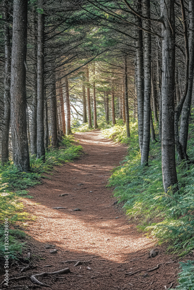 Wall mural sun-dappled forest path leading through tall trees and lush greenery, creating a serene and inviting
