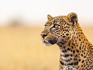 Obraz premium A close-up of a leopard showcasing its striking spots and intense gaze against a softly blurred golden background.