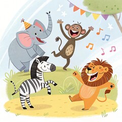 Obraz premium Joyful African Animals Celebrate at Birthday Party Elephant Zebra Monkey Lion Cartoon Illustration