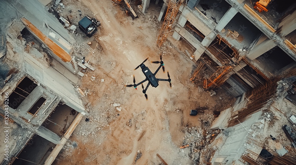 Poster aerial view of drone inspecting construction site progress and development