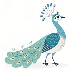 Fototapeta premium Elegant Teal Peacock Bird Illustration Charming Avian Design Perfect for Kids Decor and Print