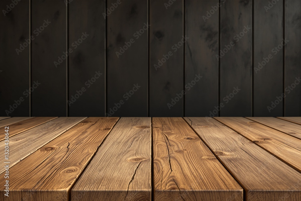 Poster rustic wooden table with visible wood grain against a dark wood panel background. warm lighting enha