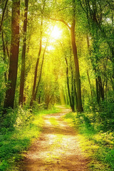 Fototapeta premium Sunlit forest path with vibrant green foliage, creating a serene and inviting natural atmosphere.
