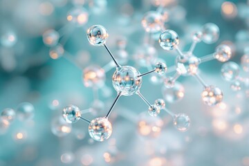 Transparent molecular structure with glowing nodes on a soft blue background. Abstract concept of science, chemistry, and nanotechnology. Ai generative