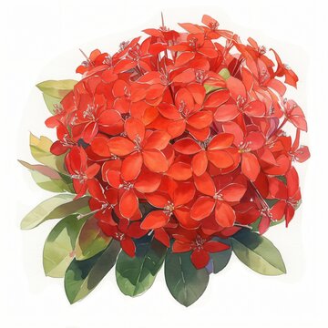 Vibrant Red Ixora Flower Cluster Tropical Botanical Watercolor Painting Lush Foliage