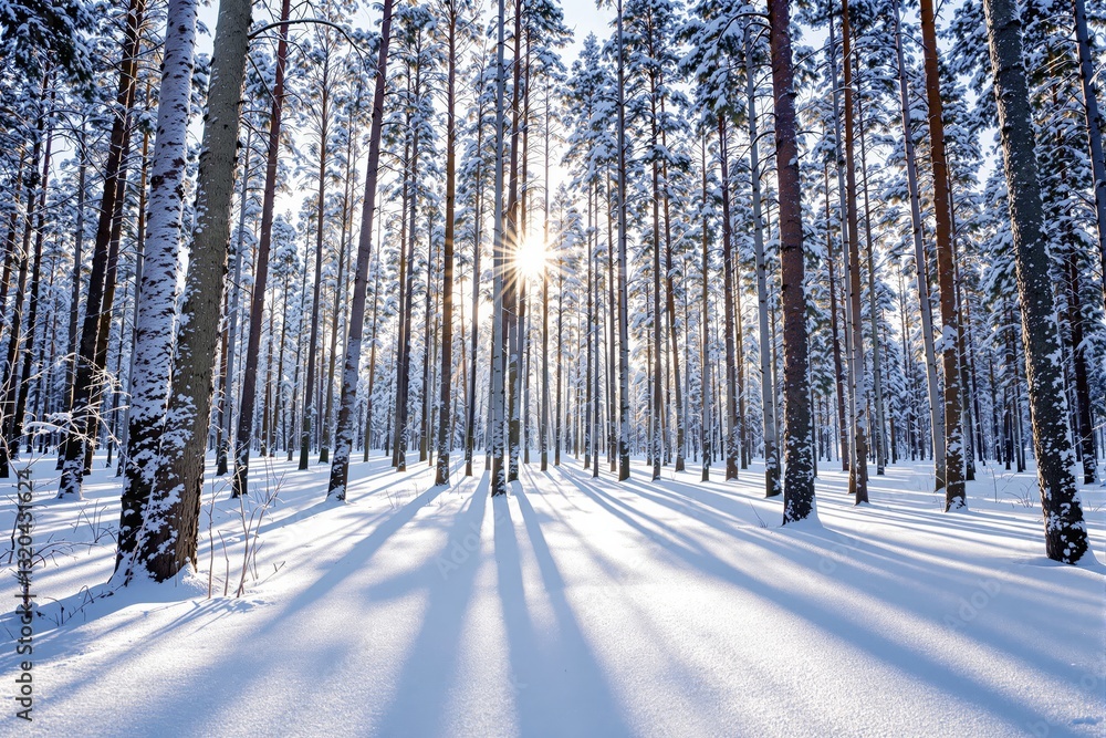 Aufkleber serene winter pine forest with snow-covered trees and sunlight filtering through. the bright white s