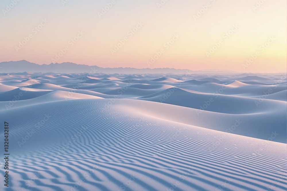 Poster vast desert with smooth sand dunes under soft pastel sky in warm light. gentle curves and ripples cr