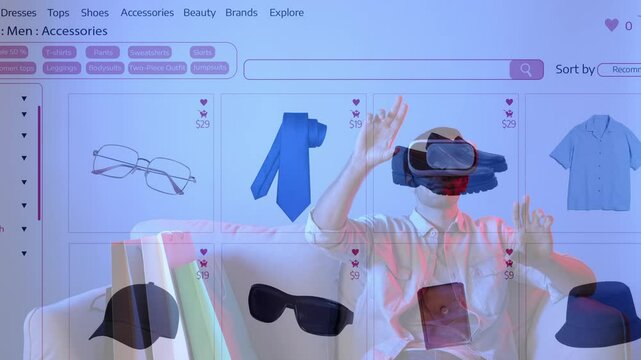 Smart man sitting at sofa by using VR glasses and shopping online platform. Attractive customer checking at shopping and list and choosing at fashion accessory product. Virtual reality. Apparatus.