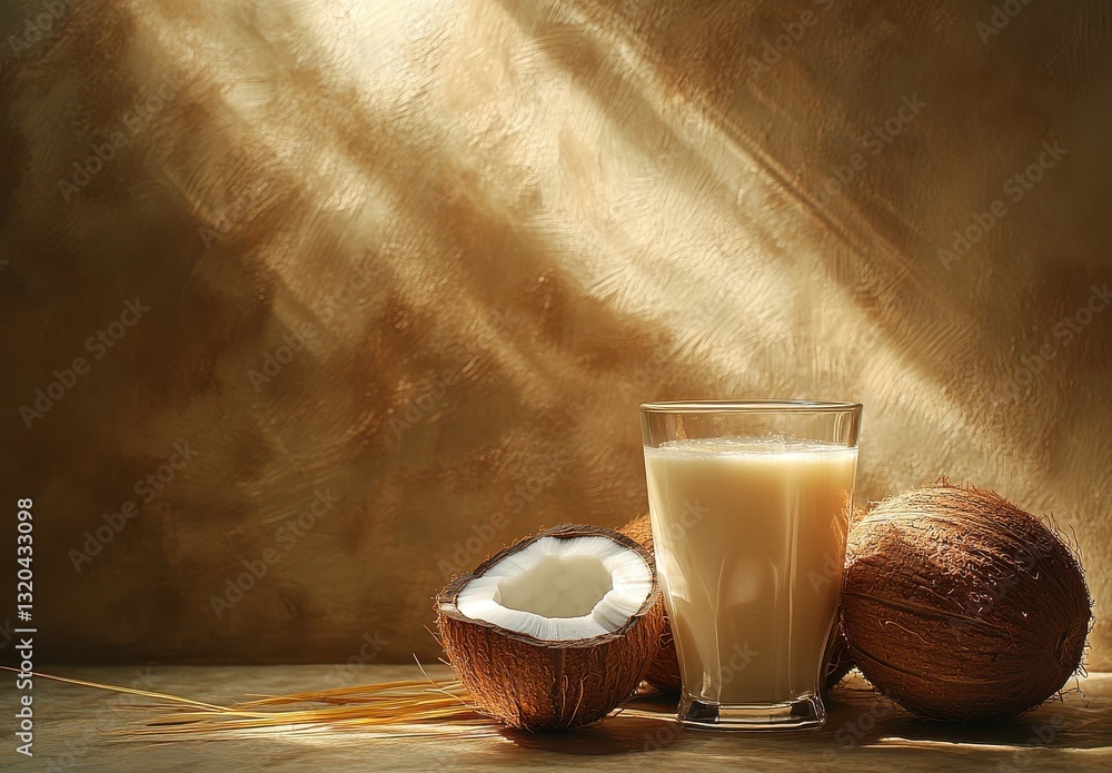 Poster fresh coconut milk in a glass with coconut shells on a rustic surface and soft light creating warm a