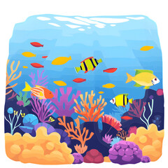 Colorful cartoon coral reef illustration with tropical fish swimming in blue water.