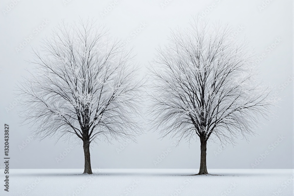 Aufkleber two frost-covered trees on a snowy ground with a soft gradient background. the intricate branches cr