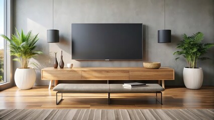 Sleek modern soundbar sits on a minimalist coffee table next to a large flat screen tv with a wooden stand , hom decor, sound and vision