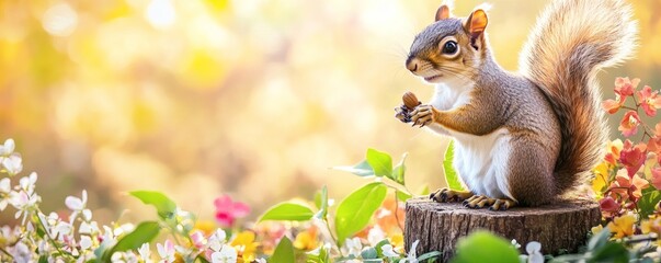 A cute squirrel standing on a wooden stump holding a nut