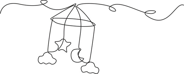 One line continuous of baby hanging toys. Minimalist style vector illustration in white background, Children s toys over the crib, Continuous line drawing of childhood, safety.