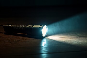 Modern LED Flashlight With Bright Beam on Dark Wooden Table, Copy Space