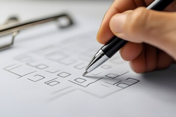 a hand holding a pen sketching on a piece of paper, and clipboard.