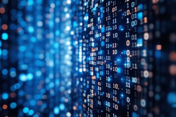 Glowing binary code streams on a blurred blue background, symbolizing digital data, technology, and cybersecurity concepts. Ai generative