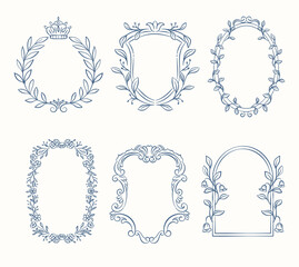 These classic vintage frames feature intricate line art with floral and ornamental flourishes
