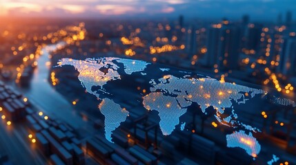 A digital world map is lit over a cityscape at dusk