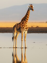 A giraffe stands in shallow water with its mirrored reflection illuminated by golden light, creating a tranquil African scene beneath a distant horizon.
