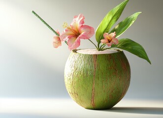 Fresh Coconut with Tropical Flowers and Green Leaves in a Minimalist Setting for Relaxation and Refreshment