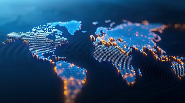 A stylized representation of a digital world map illuminated blue and gold